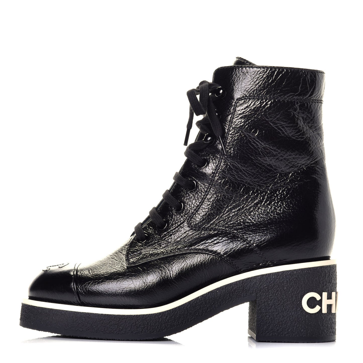 Shiny Crumpled Lambskin Lace Up Boots 36.5 Black