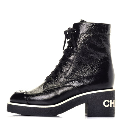 Chanel Shiny Crumpled Lambskin Lace Up Boots 36.5 Black 1 of 11