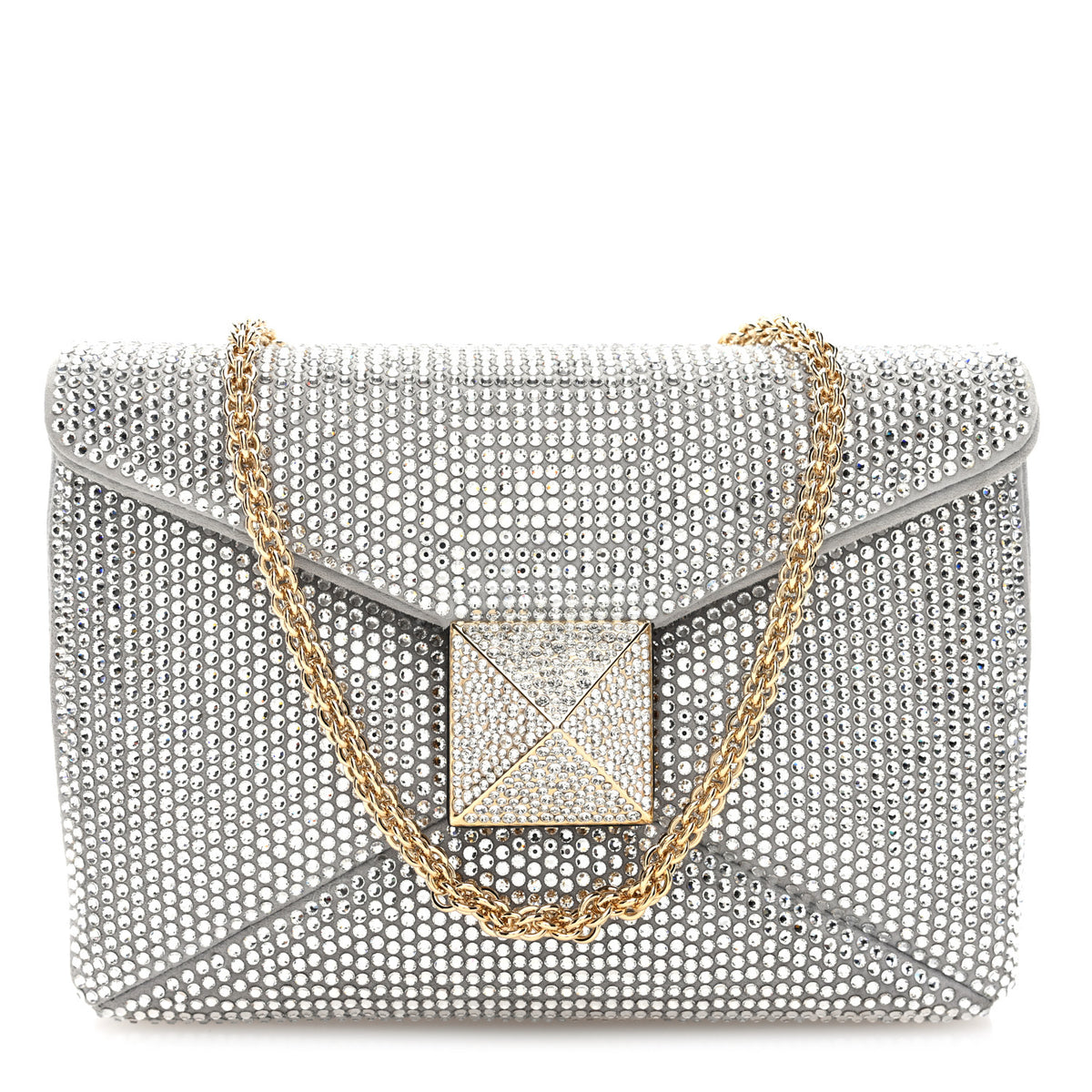 Crystal Suede Embellished Small One Stud Clutch With Chain Silver