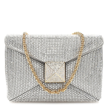 Valentino Garavani Crystal Suede Embellished Small One Stud Clutch With Chain Silver 1 of 8