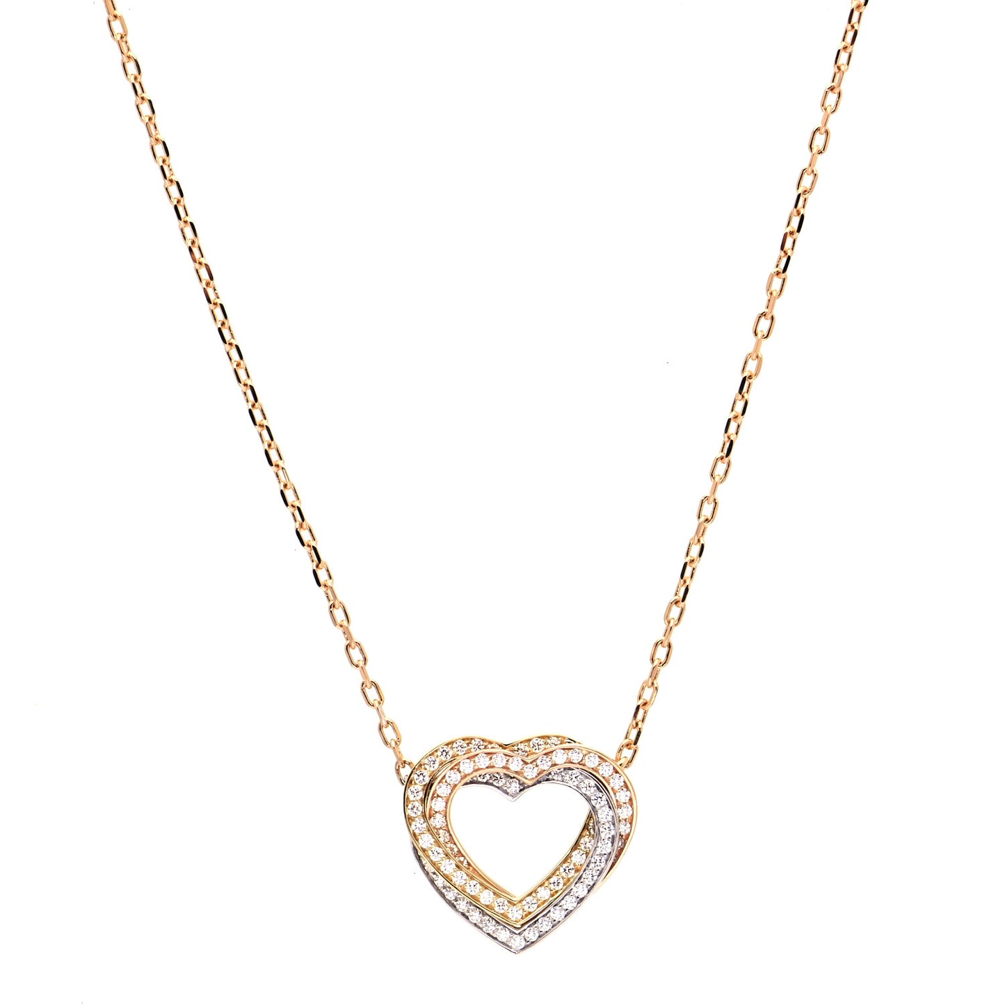 18K Pink Yellow White Gold Diamond Trinity Heart Paved Pendant Necklace