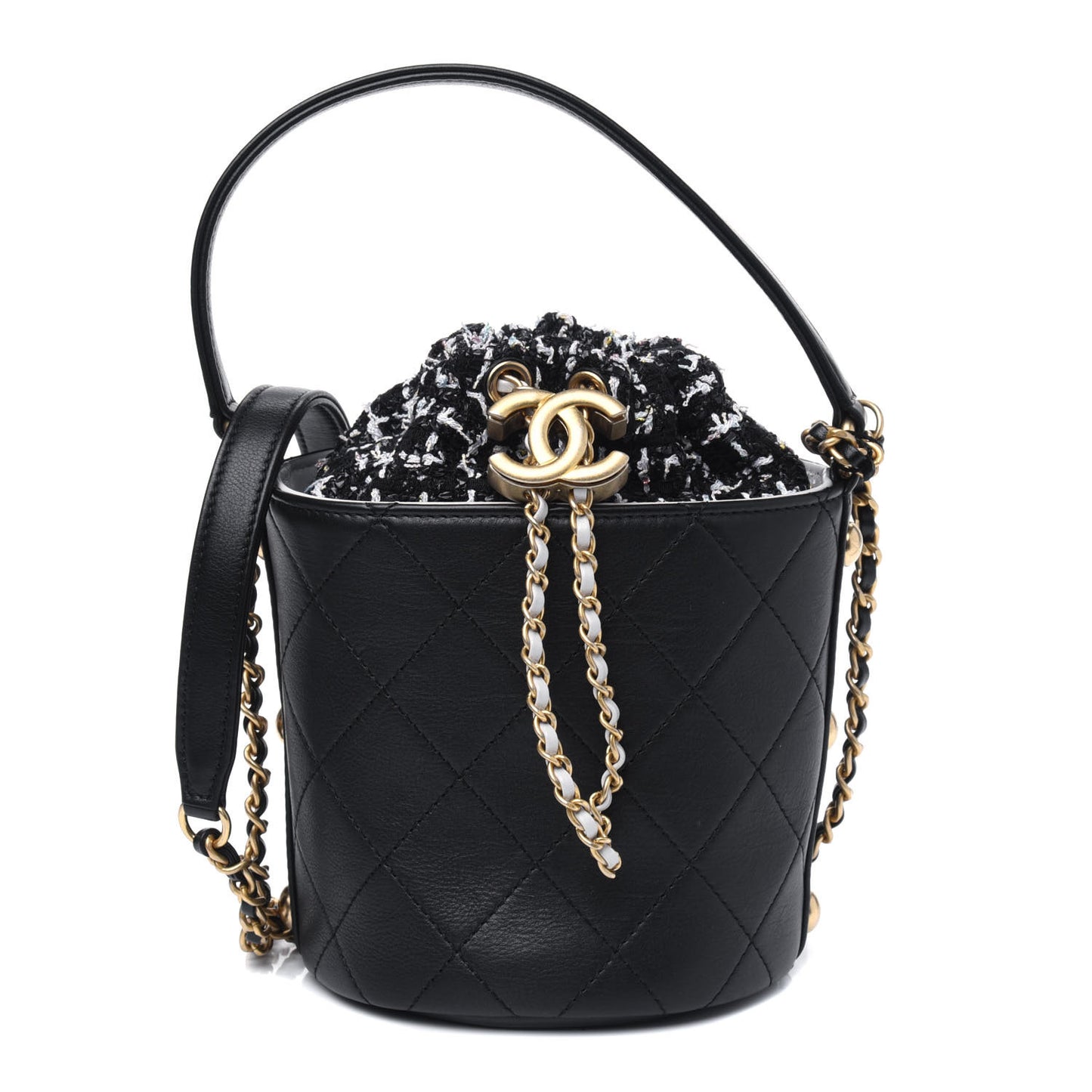 Calfskin Tweed Small CC Chain Bucket Drawstring Bag Black Multicolor