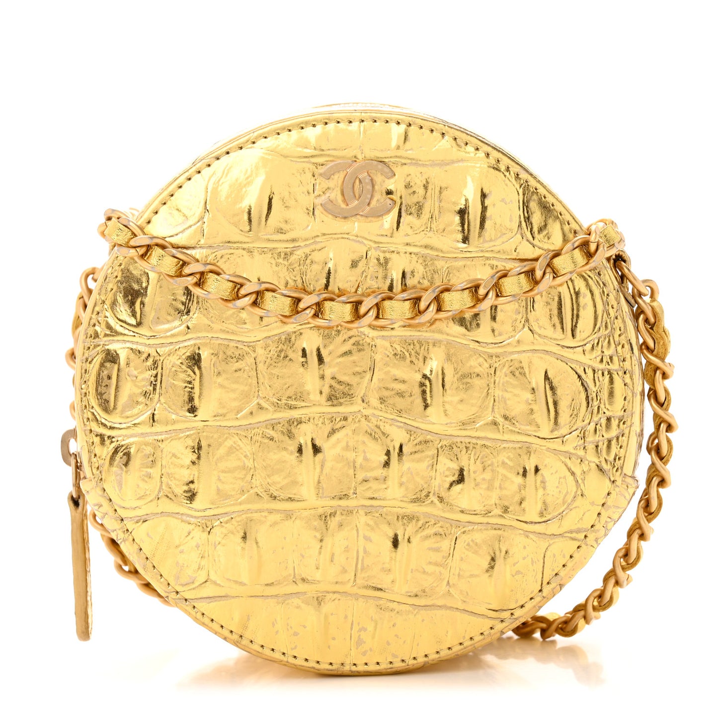 Metallic Calfskin Crocodile Embossed Cocodile Round Clutch with Chain Gold