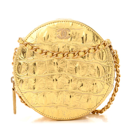 Chanel Metallic Calfskin Crocodile Embossed Cocodile Round Clutch with Chain Gold 1 of 12