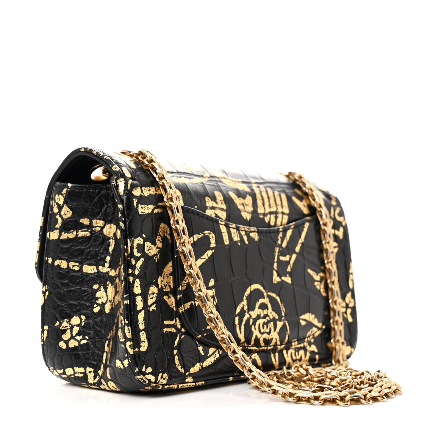 Calfskin Crocodile Embossed Graffiti 2.55 Mini Cocodile Reissue Flap Black Gold