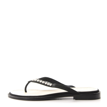 Chanel Suede Pearl Thong Sandals 39.5 Black 1 of 10