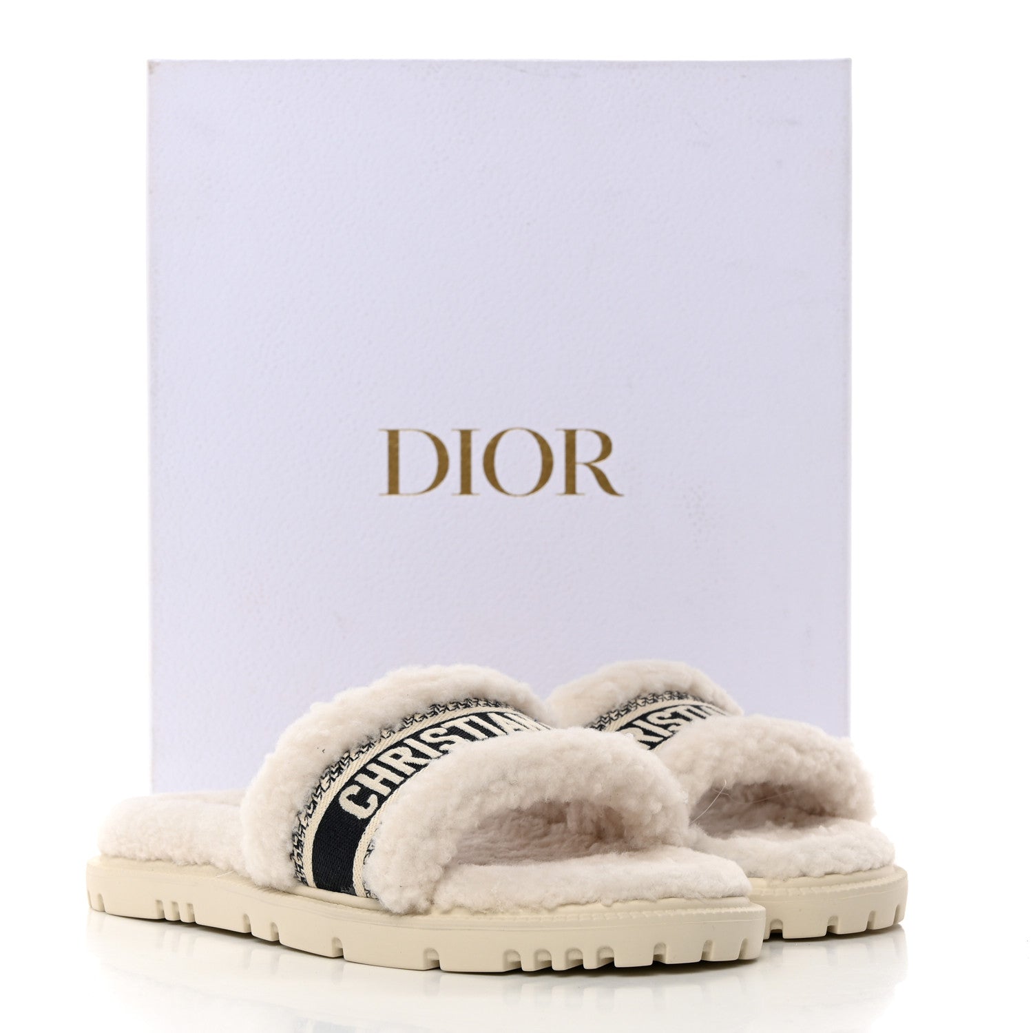 Christian Dior Shearling Canvas Embroidered Dway 10mm Slide Sandals 39 Natural Deep Blue 10 of 10