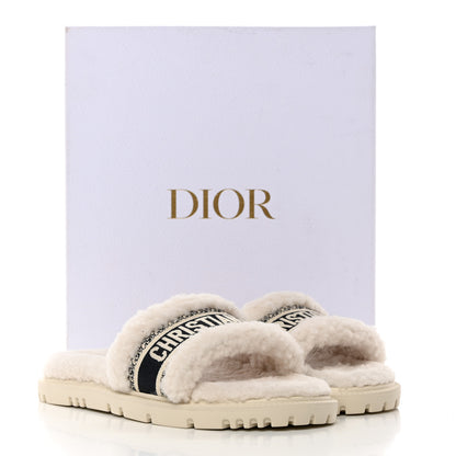 Christian Dior Shearling Canvas Embroidered Dway 10mm Slide Sandals 39 Natural Deep Blue 10 of 10