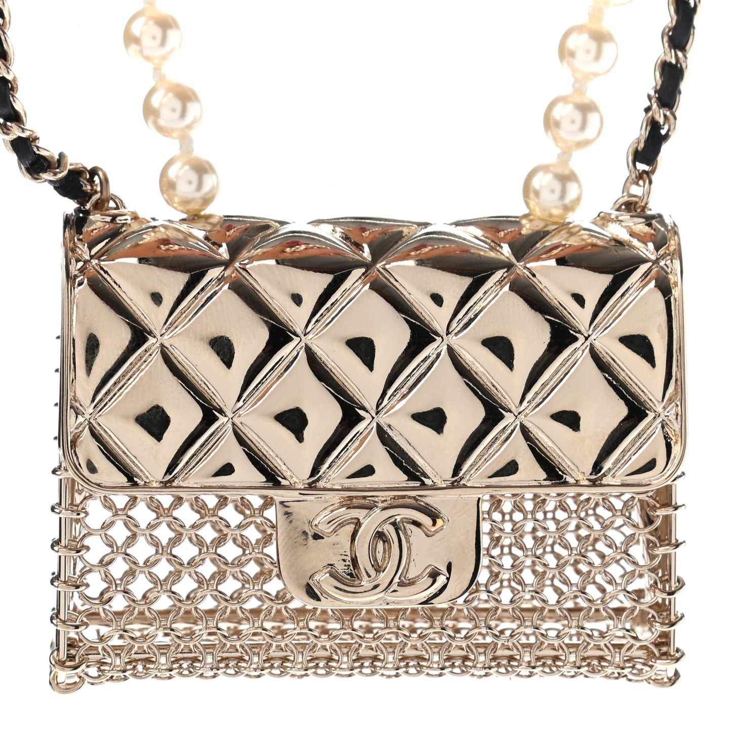 Metal Lambskin Pearl Chain Flap Bag Long Necklace Gold Black Pearly White