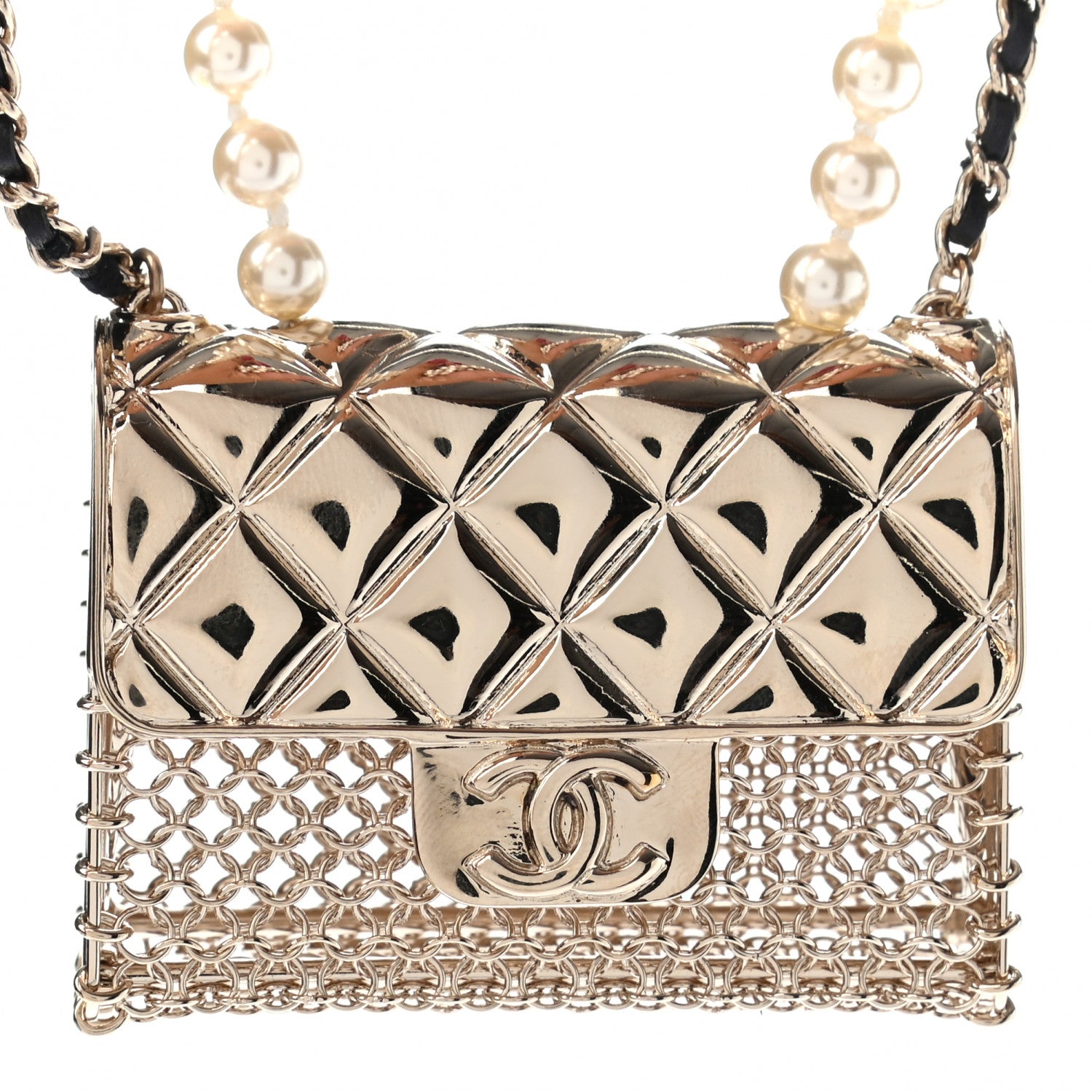 Chanel Metal Lambskin Pearl Chain Flap Bag Long Necklace Gold Black Pearly White 3 of 4