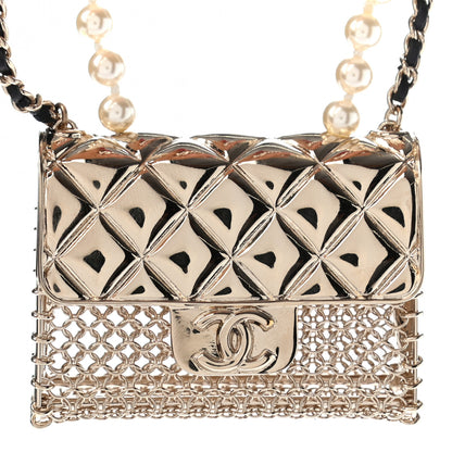 Chanel Metal Lambskin Pearl Chain Flap Bag Long Necklace Gold Black Pearly White 3 of 4
