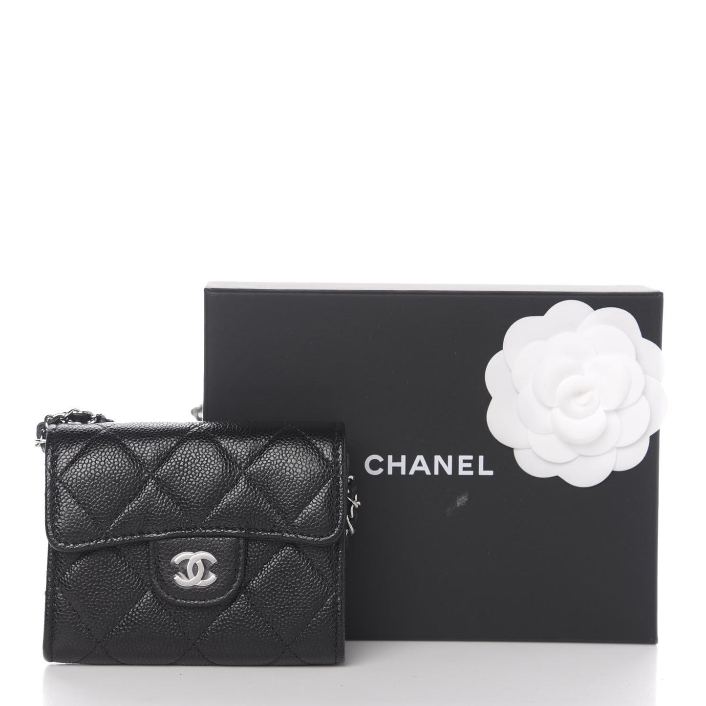 Caviar Quilted Flap Card Holder On Chain Black