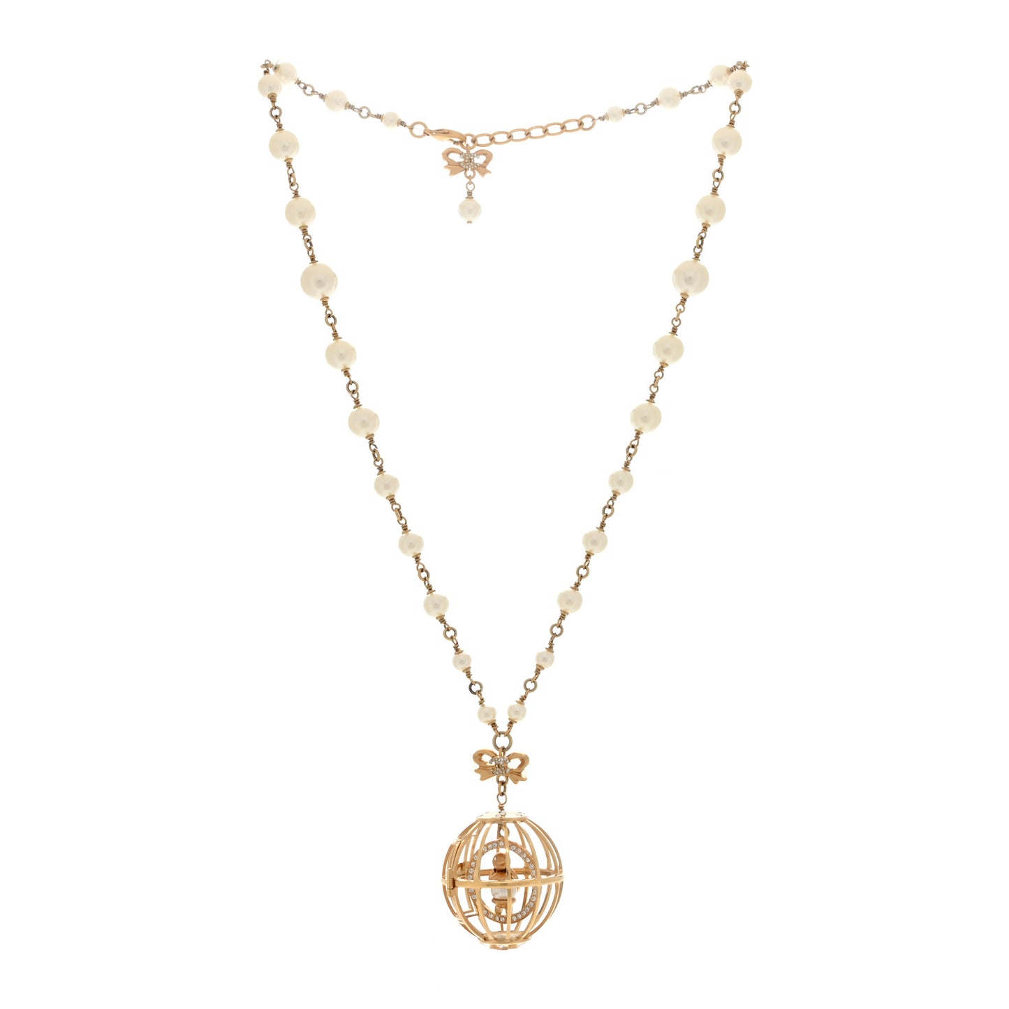 Metal Pearl Crystal Bird Cage Necklace Gold