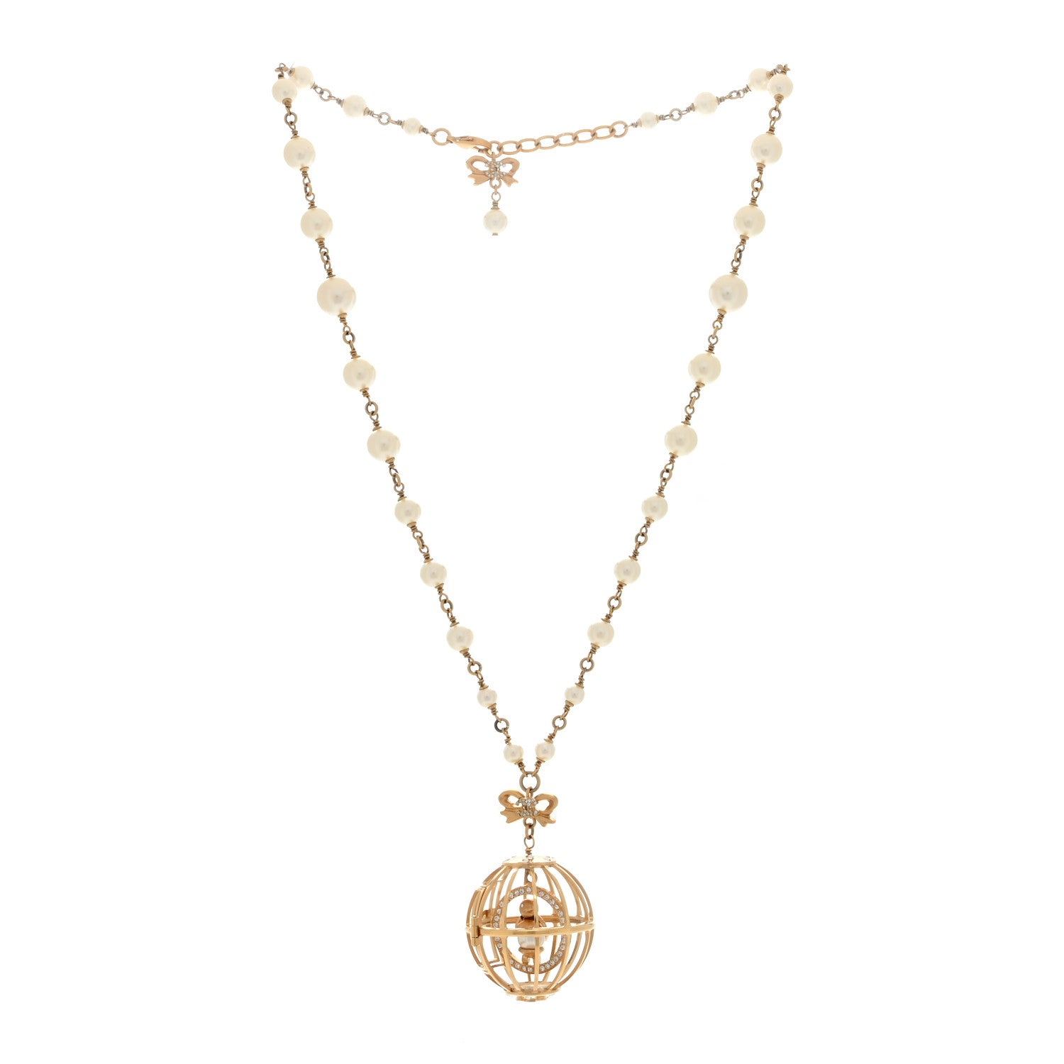 Chanel Metal Pearl Crystal Bird Cage Necklace Gold 2 of 4