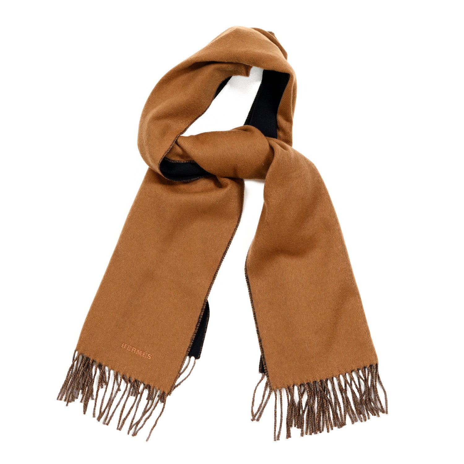 Hermes Cashmere Fringe Double Face Scarf Marine Bronze 1 of 4