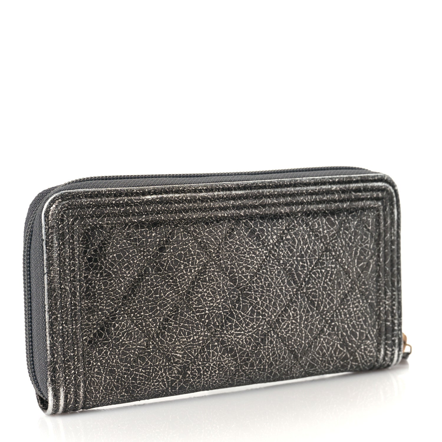 Chanel Cracked Metallic Calfskin Quilted Boy Long Zip Around Wallet Dark Silver 3 of 11