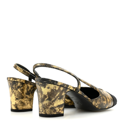 Chanel Laminated Lambskin Grosgrain Cap Toe CC Slingback Pumps 38 Gold Black 5 of 10
