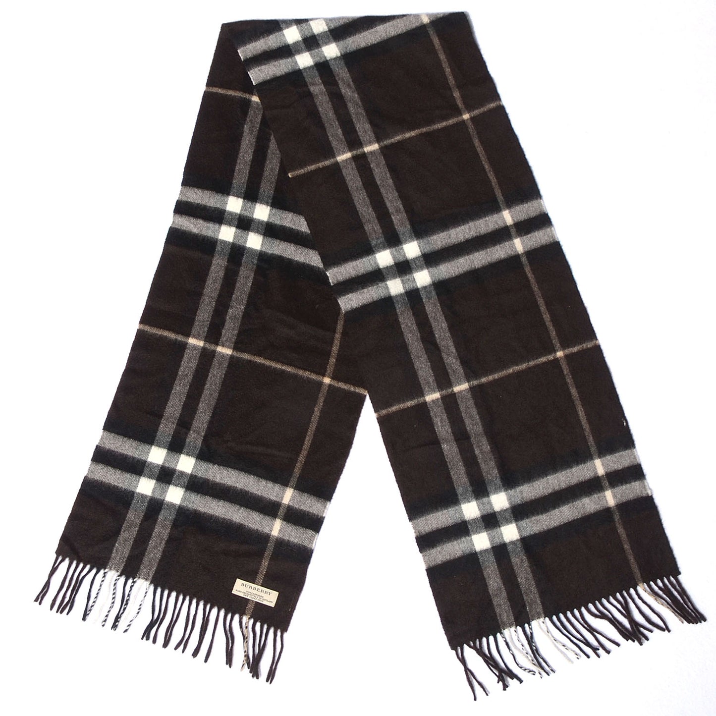 Cashmere Giant Check Fringe Scarf Dark Brown Black