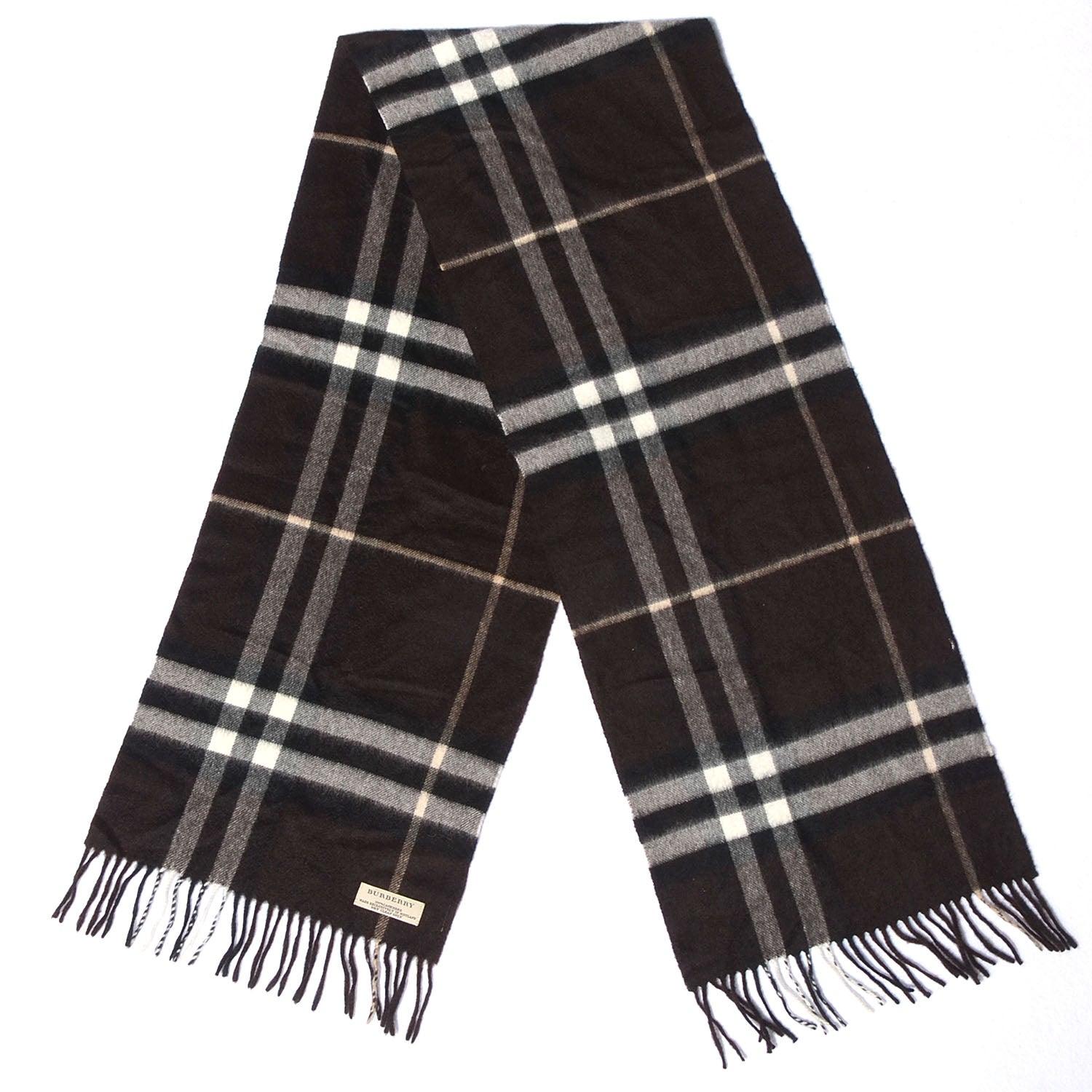 Burberry Cashmere Giant Check Fringe Scarf Dark Brown Black 3 of 5