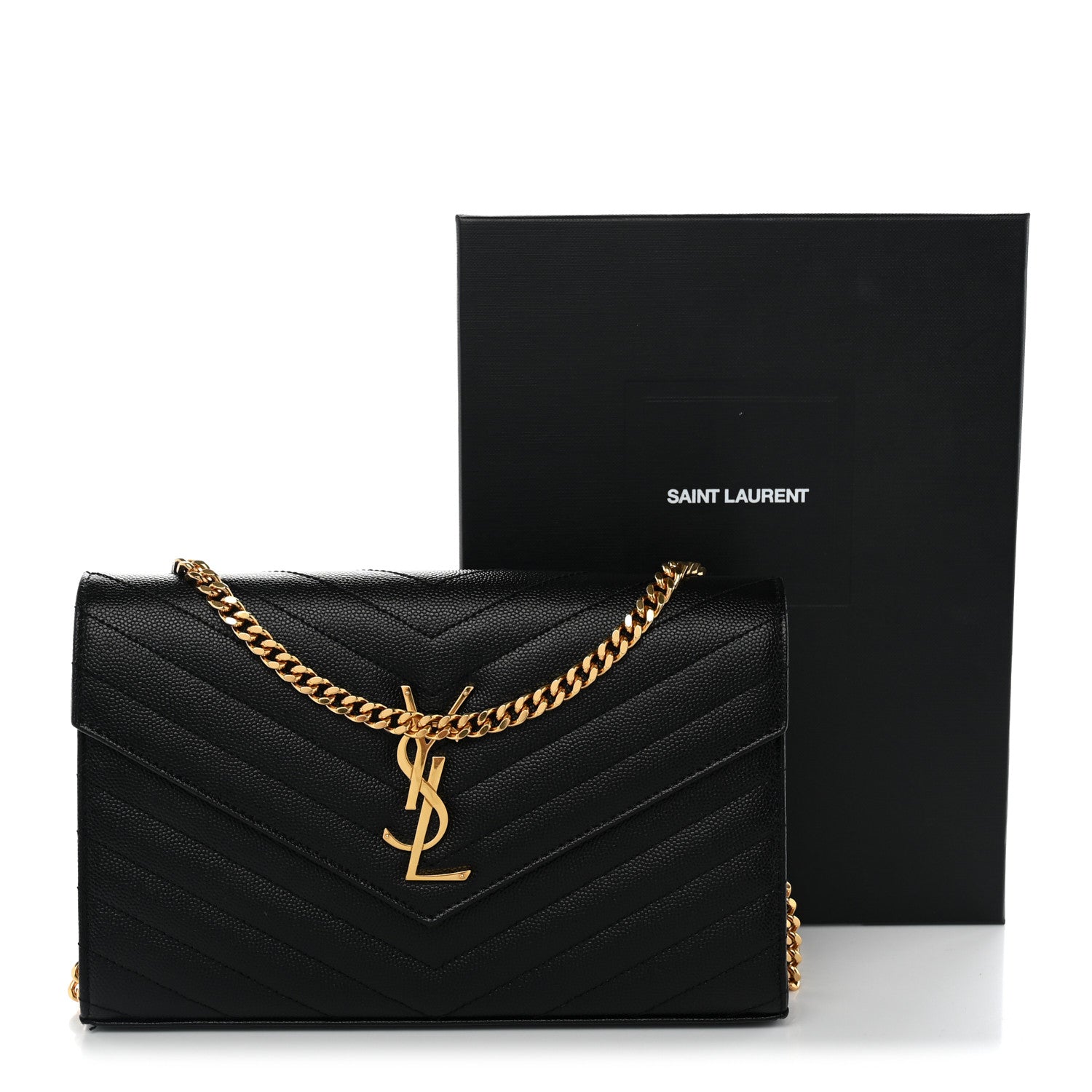 Saint Laurent Grain De Poudre Matelasse Chevron Monogram Chain Wallet Black 11 of 11