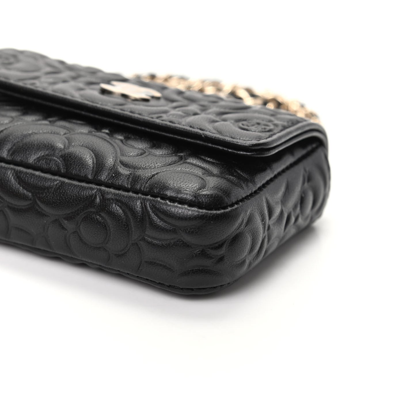 Lambskin Camellia Embossed Chain Belt Bag Black