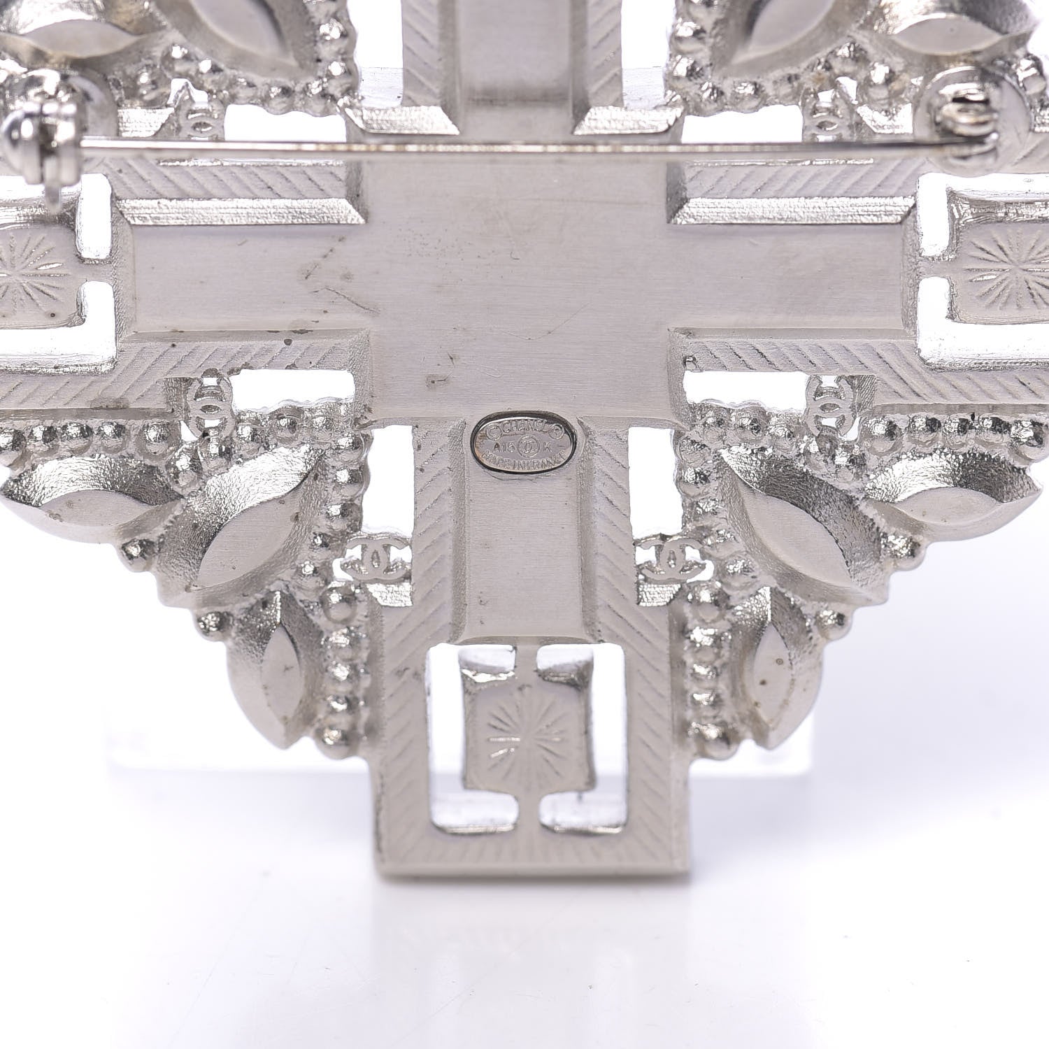 Chanel Crystal Baguette Maltese Cross Brooch Black Silver 4 of 5