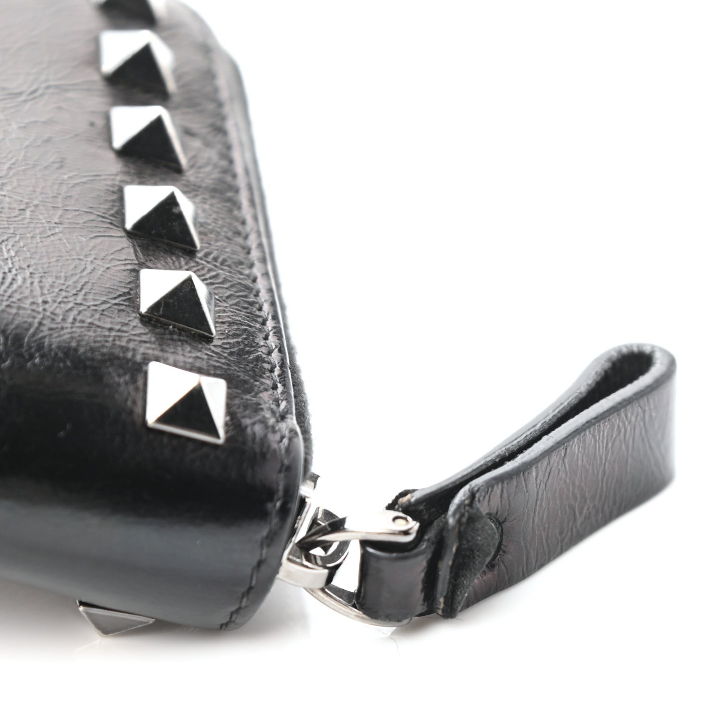 Craquele Calfskin Rockstud Zip Around Wallet Black