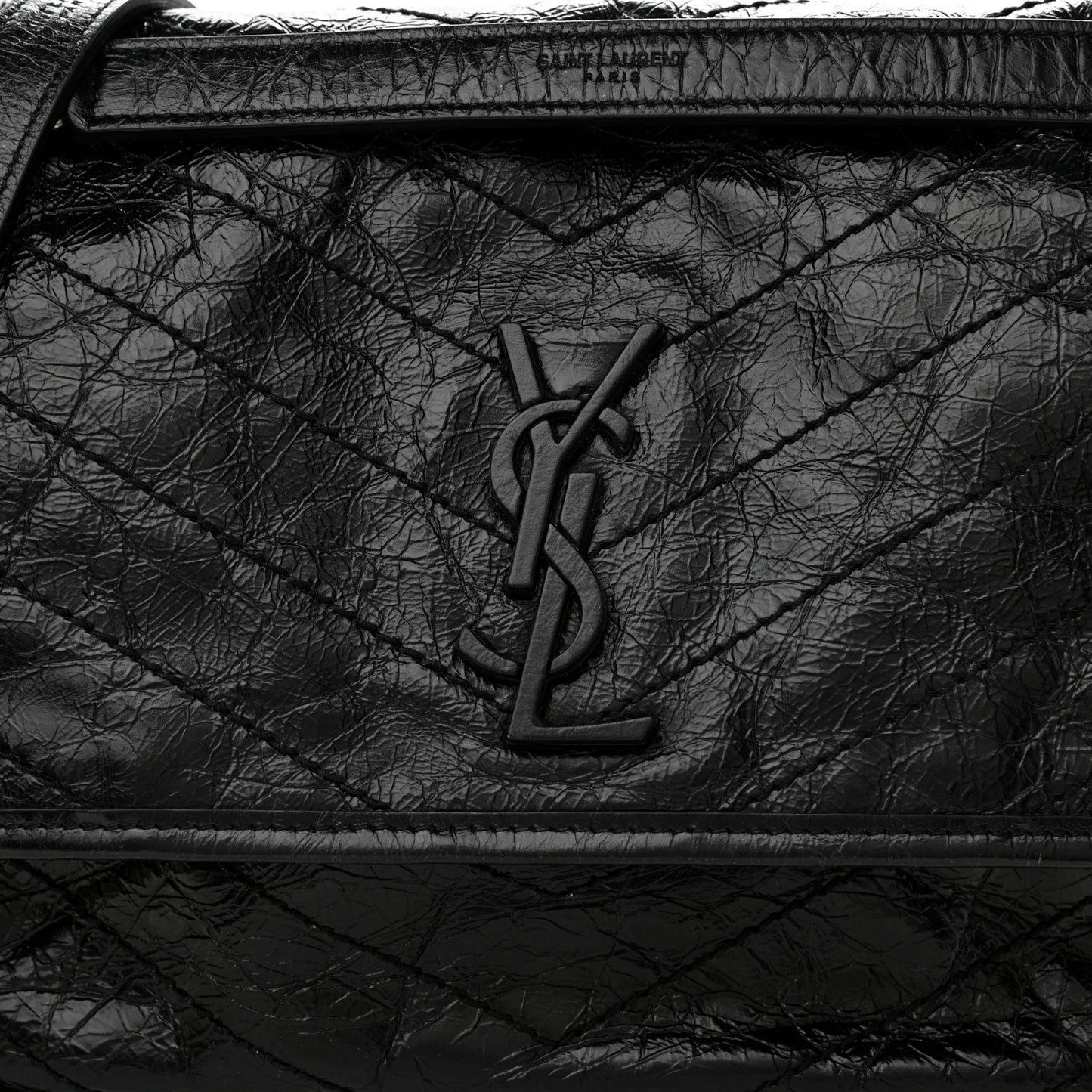Crinkled Calfskin Matelasse Monogram Medium Niki Chain Satchel Black