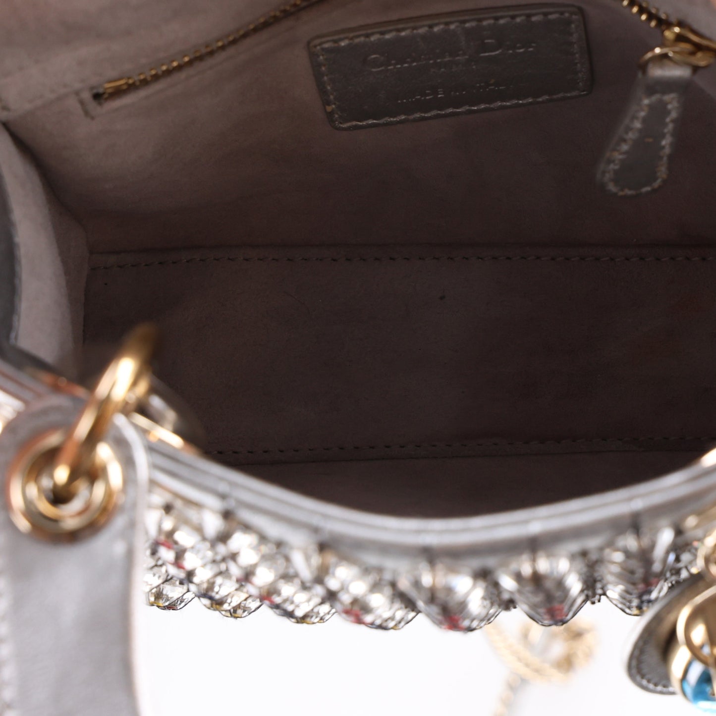 Metallic Calfskin Satin Celestial Bead Embroidery Cannage Mini Lady Dior Silver