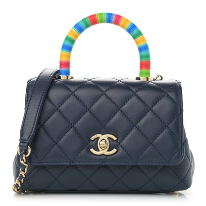Chanel Goatskin Quilted Extra Mini Rainbow Coco Handle Flap Navy Blue 1 of 12