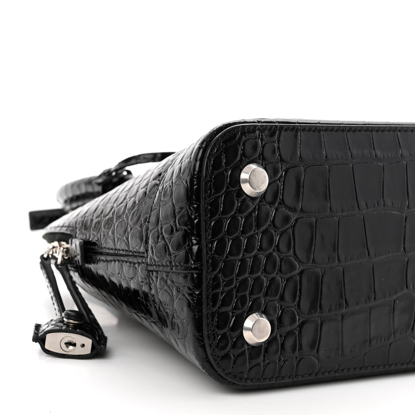 Shiny Calfskin Logo Crocodile Embossed S Ville Top Handle Bag Black White
