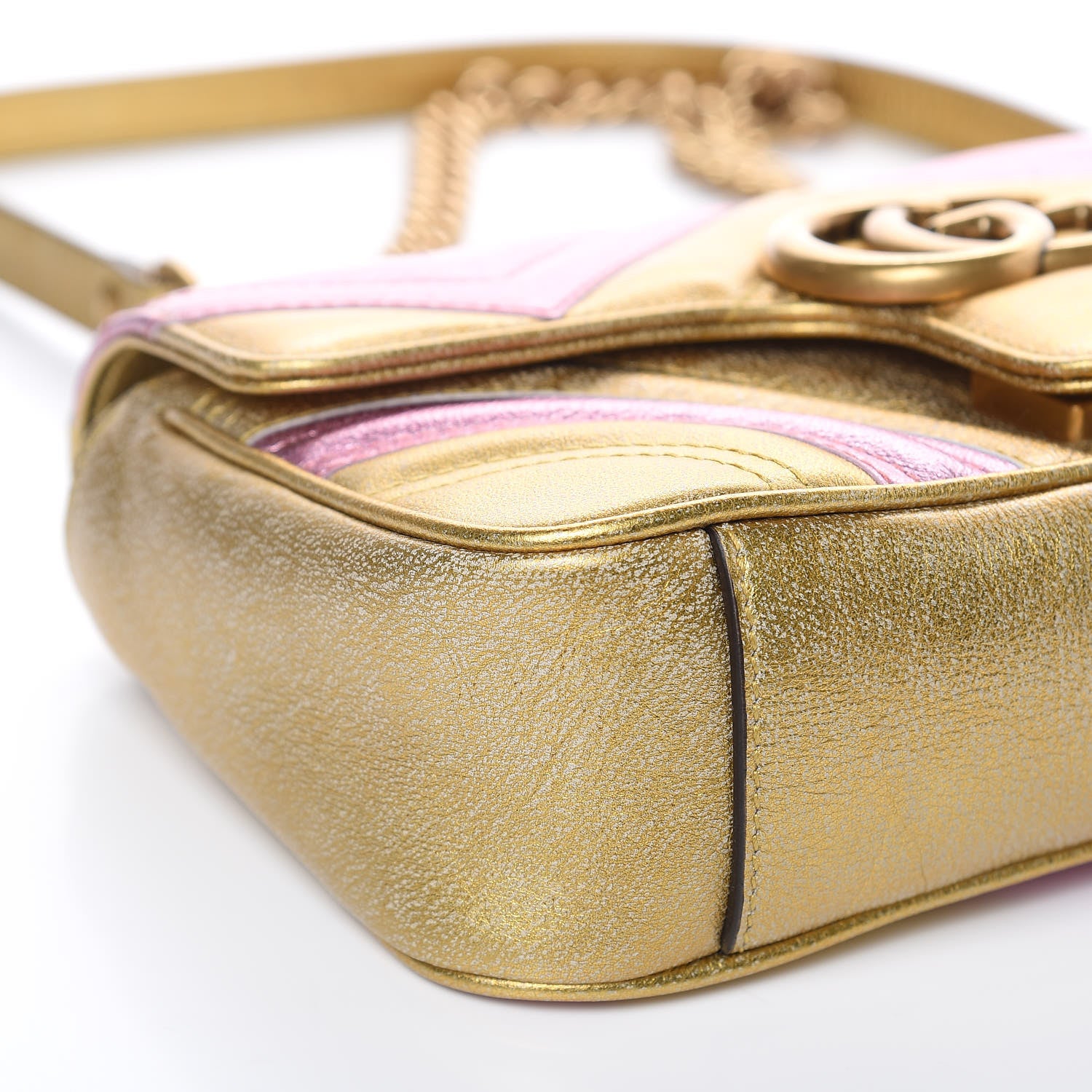 Gucci Metallic Calfskin Matelasse Mini GG Marmont Shoulder Bag Gold Pink 9 of 11