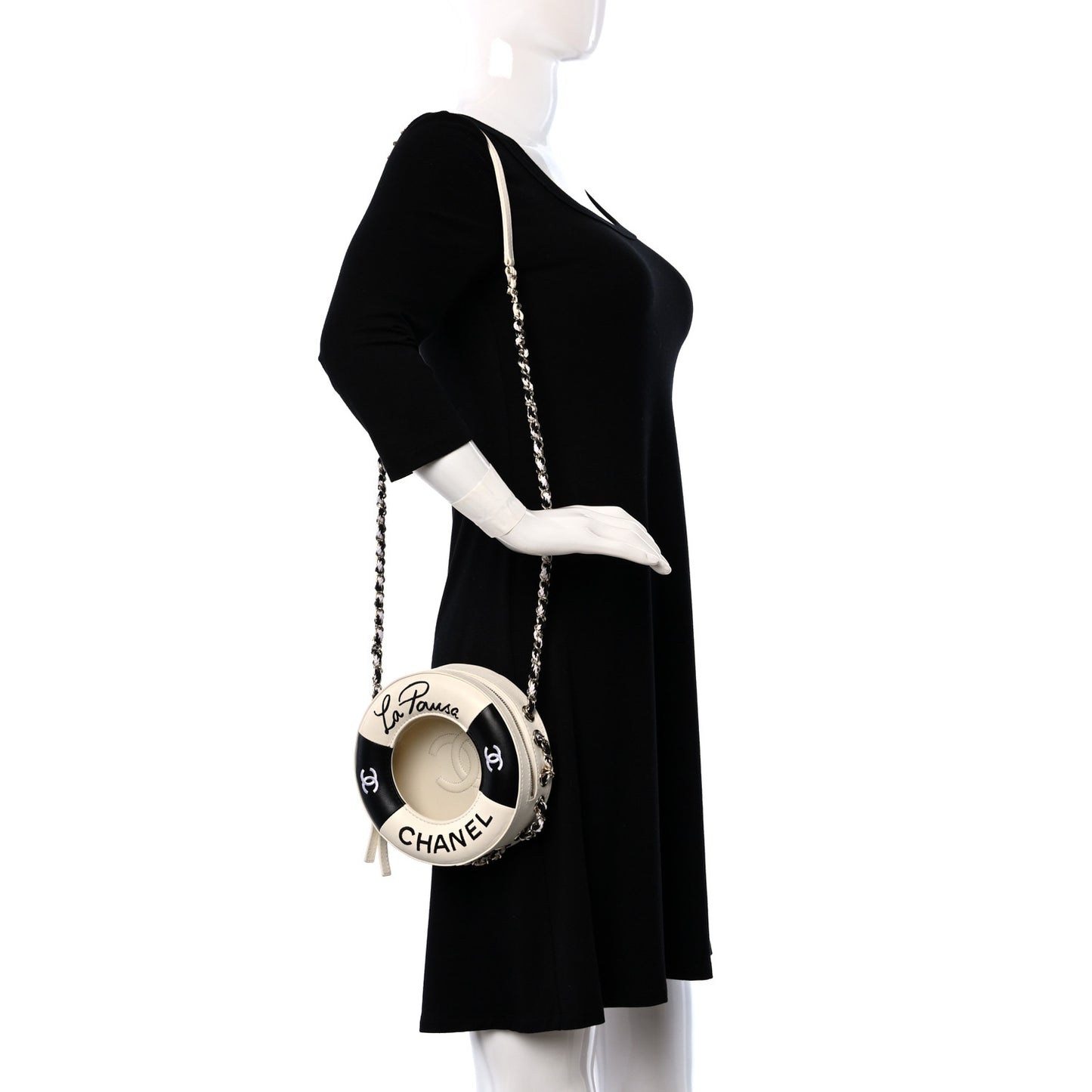 Lambskin Coco Lifesaver Round Bag Black White