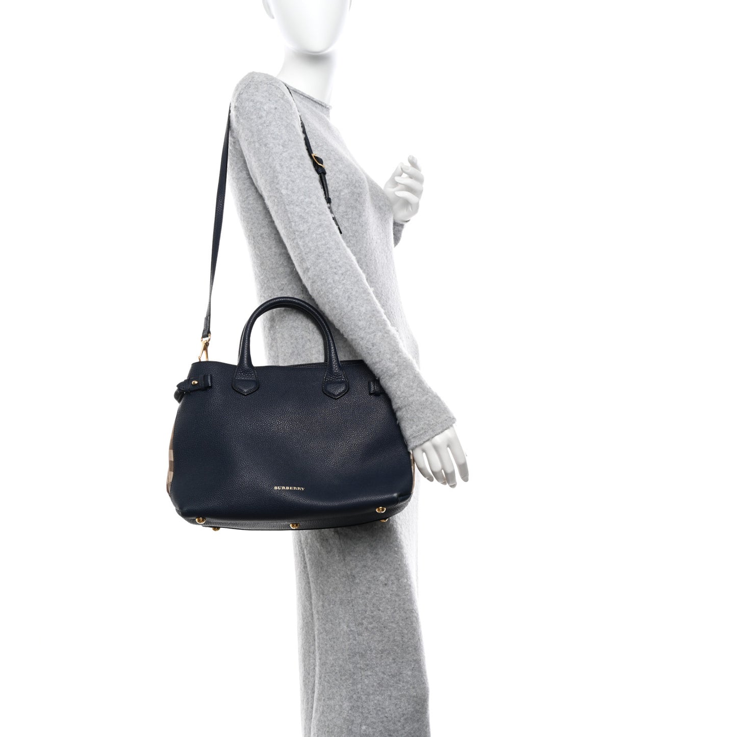 Grainy Calfskin House Check Medium Banner Tote Ink Blue
