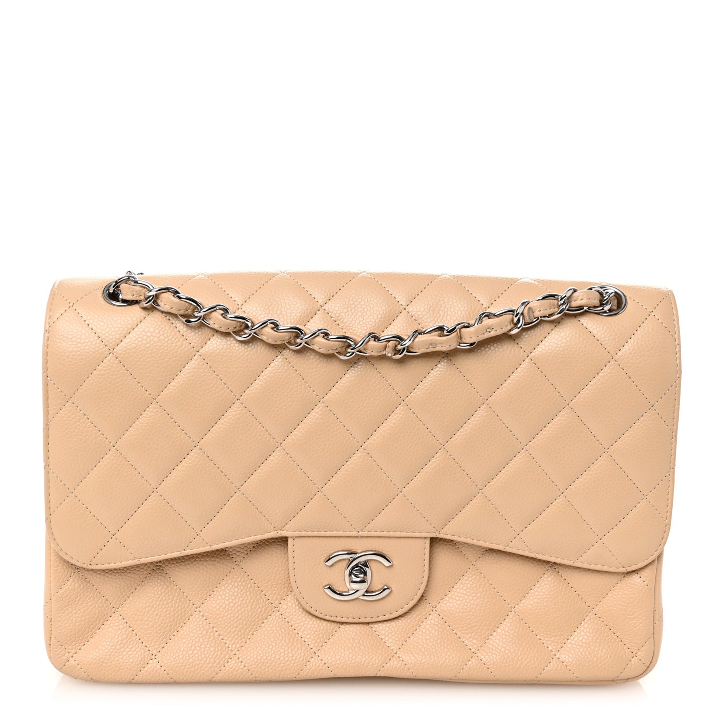 Caviar Quilted Jumbo Double Flap Beige