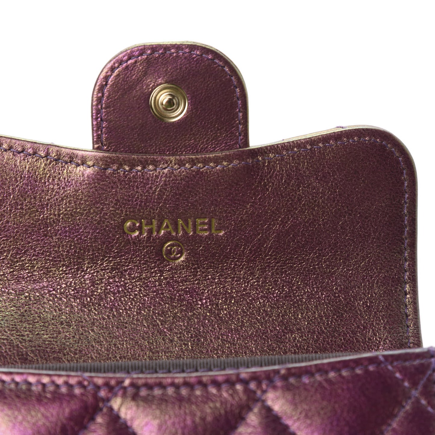Iridescent Lambskin Quilted Flap Card Holder Purple