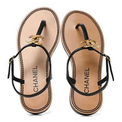 Chanel Lambskin CC Thong Sandals 35.5 Black Gold 2 of 9