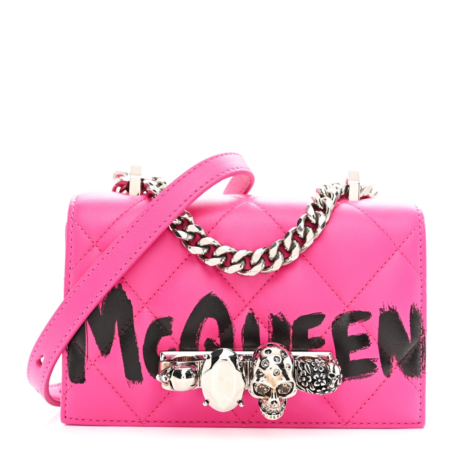 Alexander McQueen Nappa Quilted Graffiti Skull Knuckle Crossbody Bobby Pink Black 1 of 11