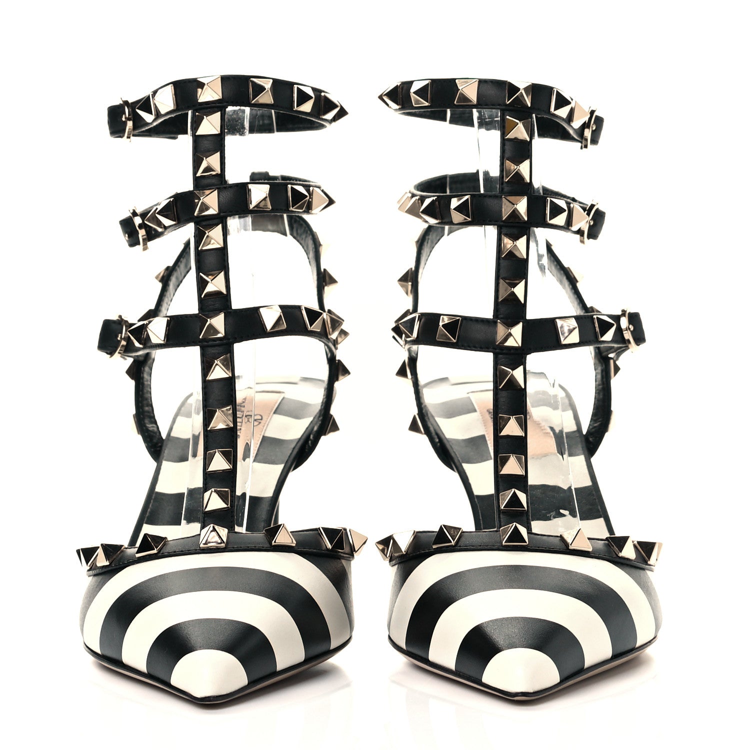 Valentino Garavani Calfskin Striped Rockstud Ankle Strap 65mm Pumps 37.5 Light Ivory Black 2 of 8