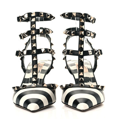 Valentino Garavani Calfskin Striped Rockstud Ankle Strap 65mm Pumps 37.5 Light Ivory Black 2 of 8