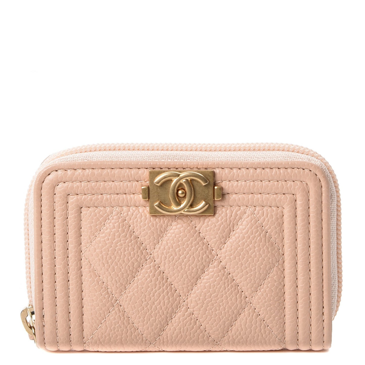 Caviar Quilted Boy Zip Around Coin Purse Wallet Beige