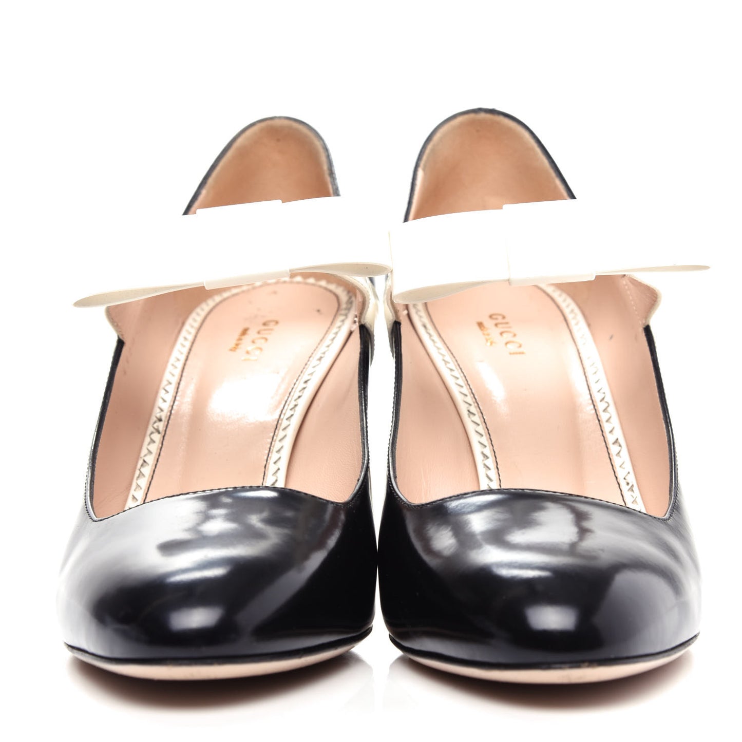 Polished Calfskin Nimue Bow Mary Jane Pumps 40 Black White
