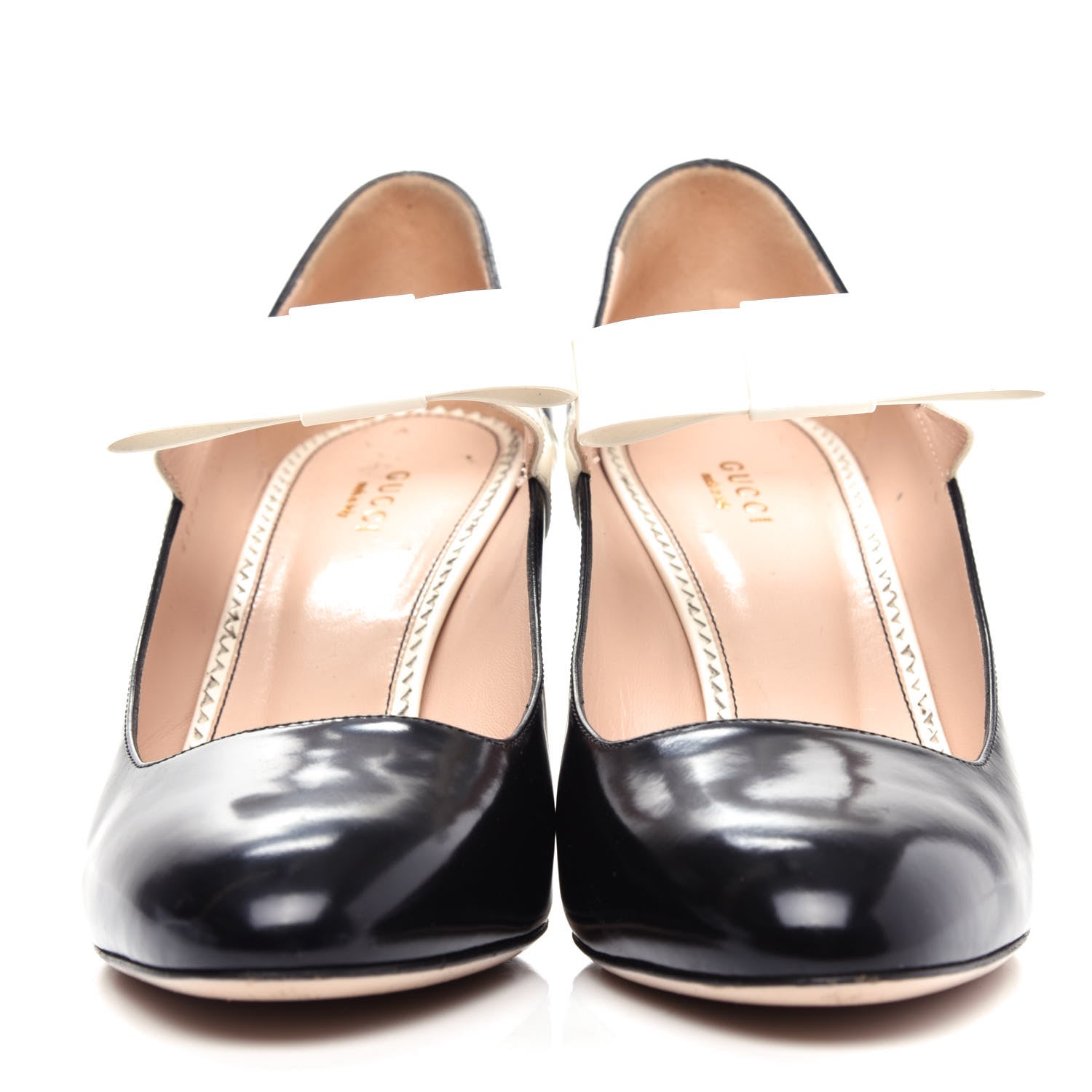 Gucci Polished Calfskin Nimue Bow Mary Jane Pumps 40 Black White 2 of 10