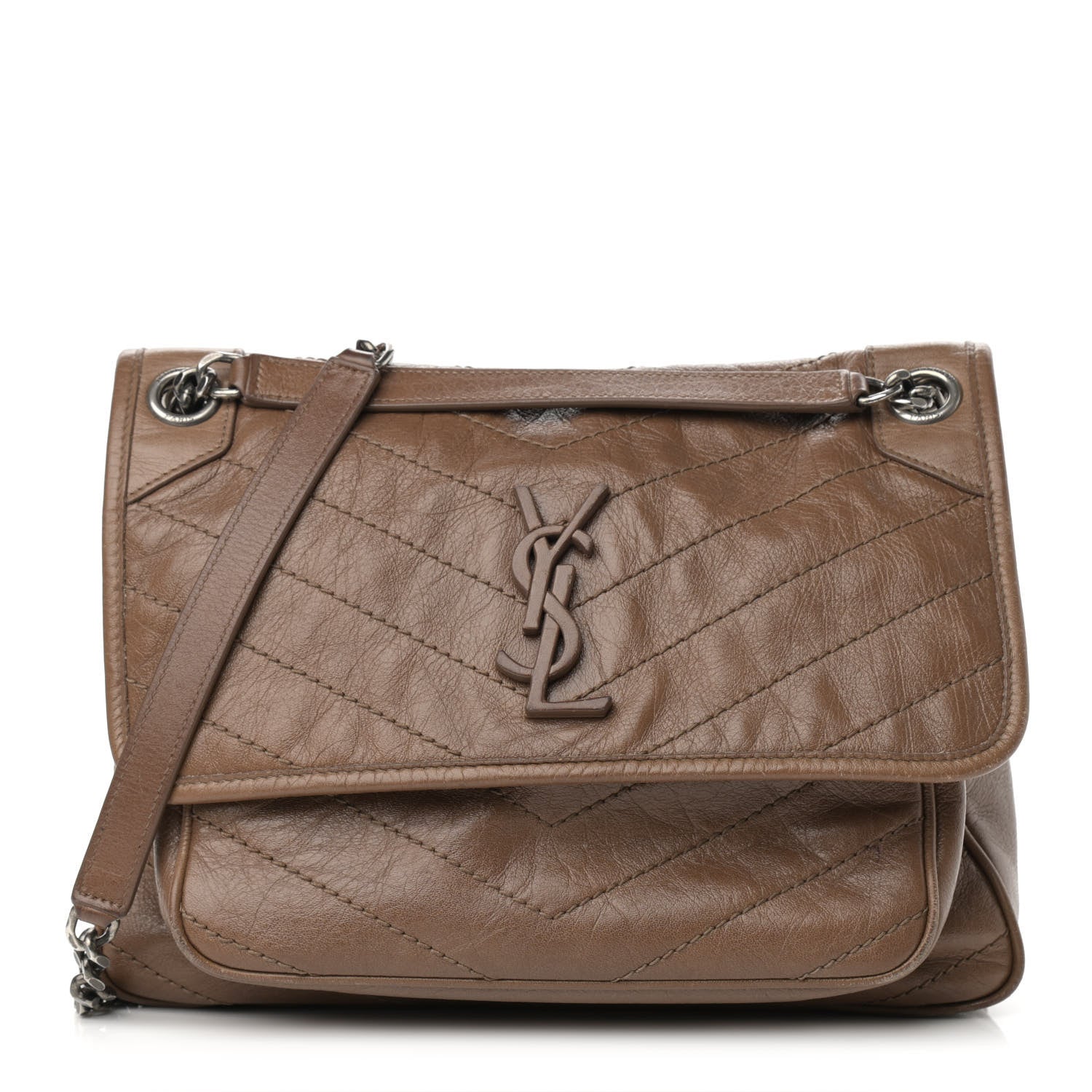 Saint Laurent Crinkled Calfskin Matelasse Monogram Medium Niki Chain Satchel Tan Brown 1 of 15