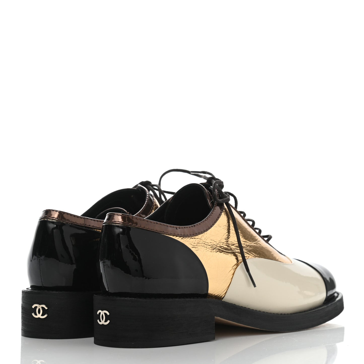Crumpled Lambskin Patent CC Lace Up Oxfords 39.5 White Gold Black