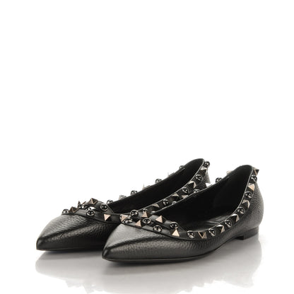 Valentino Garavani Pebbled Calfskin Onyx Rockstud Rolling Ballerina Flats 36 Black 3 of 8
