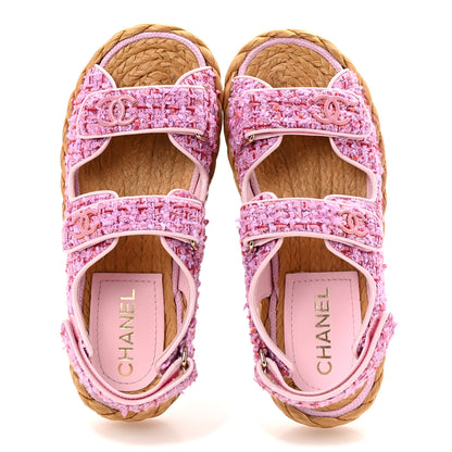 Chanel Tweed Patent Calfskin Velcro Dad Sandals 37.5 Light Purple Pink Red 2 of 12