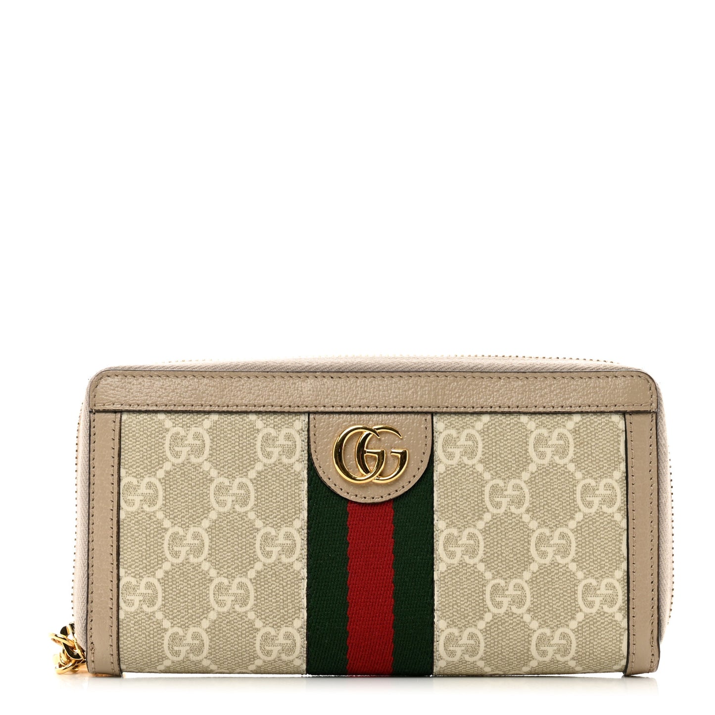 GG Supreme Monogram Textured Dollar Calfskin Web Ophidia Zip Around Wallet Beige Mystic White Oatmeal