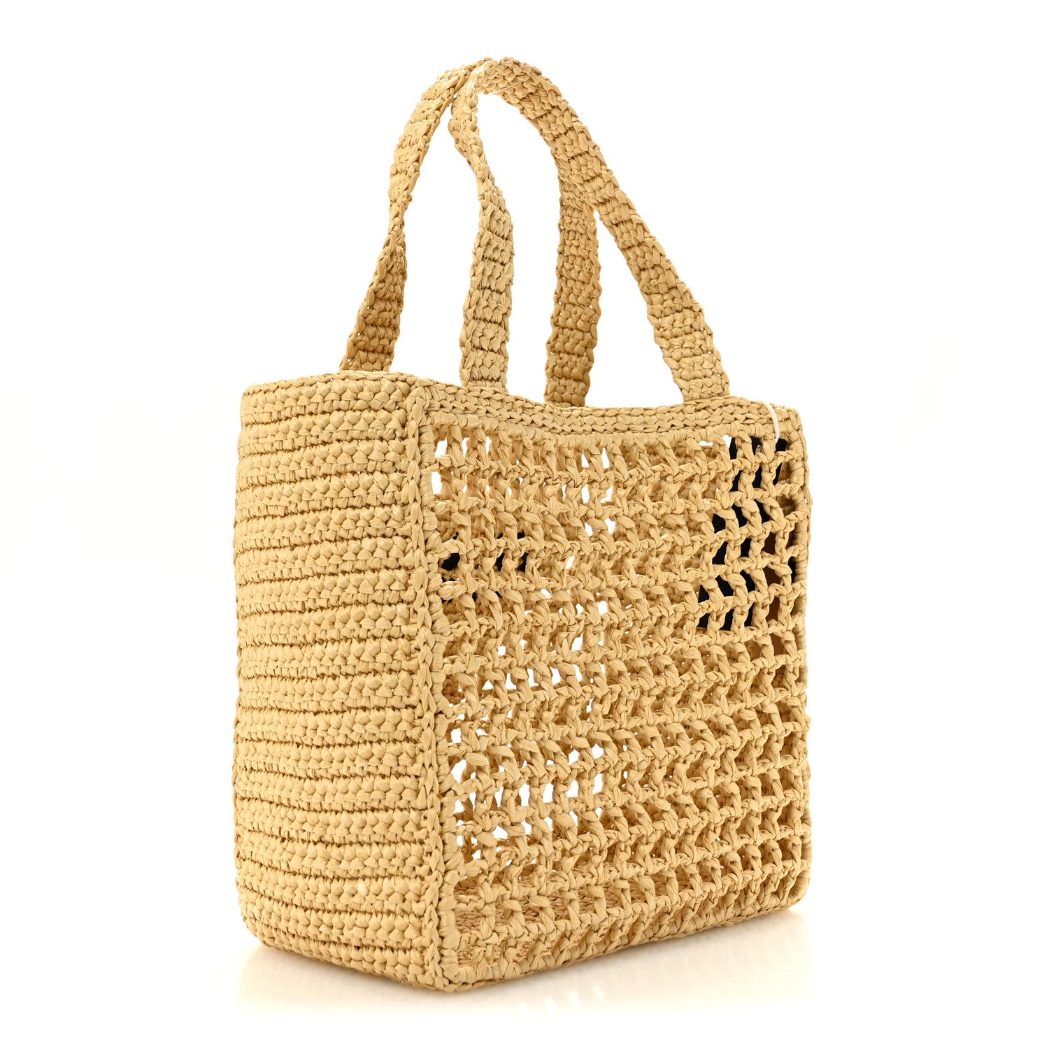 Prada Yarn Raffia Effect Crochet Logo Embroidered Small Tote Bag Naturale 3 of 9