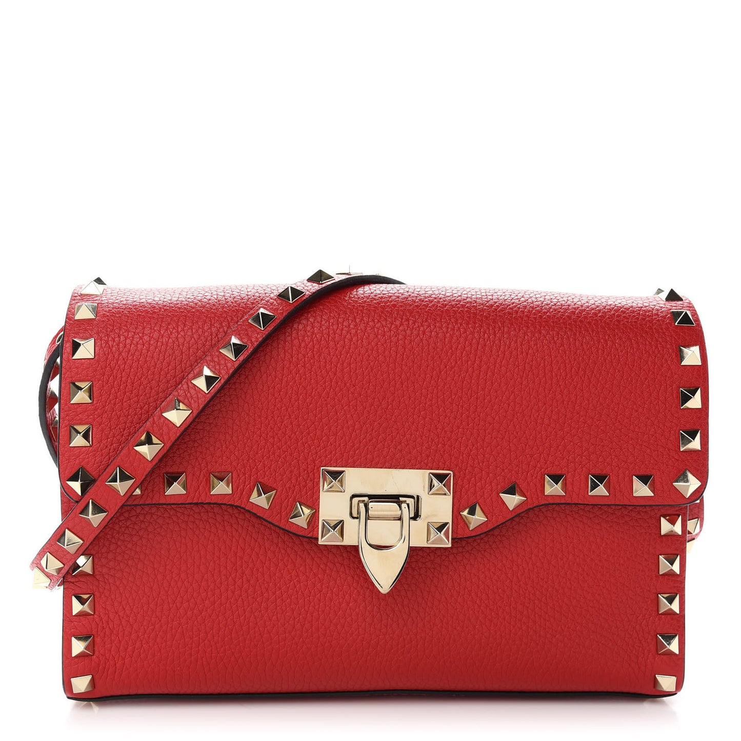 Pebbled Calfskin Medium Rockstud Flip Lock Crossbody Bag Red